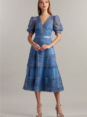 Tadashi Shoji Blue Lace V-Neck Fit-and-Flare Midi Dress